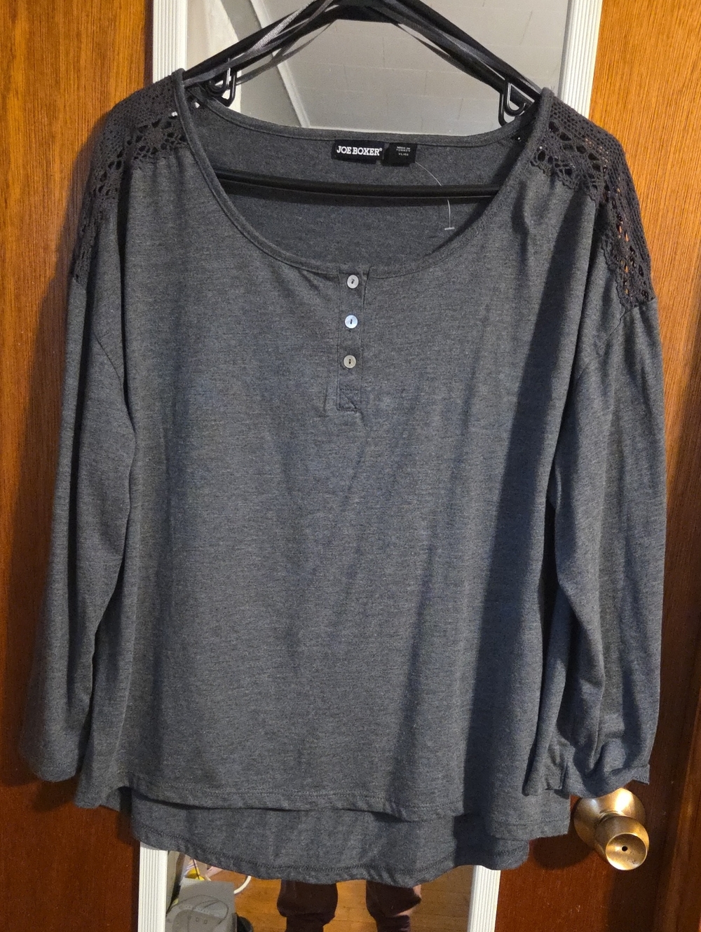 Joe Boxer Charcoal Crochet-Shoulder Henley Long Sleeve Top